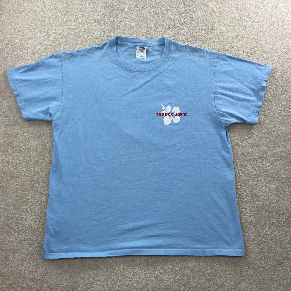 Vtg Y2K Trader Joe's T-Shirt Mens Large Blue Hibiscus Graphic Cotton Tee